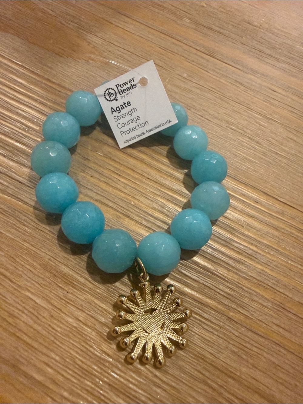 Aqua Beaded Stretch Bracelet with Gold Sunburst Heart Charm - Picture 2 of 2
